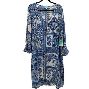 NWT True Destinations Sheer Blue White Tropical Print Kaftan Cover Up Dress Med